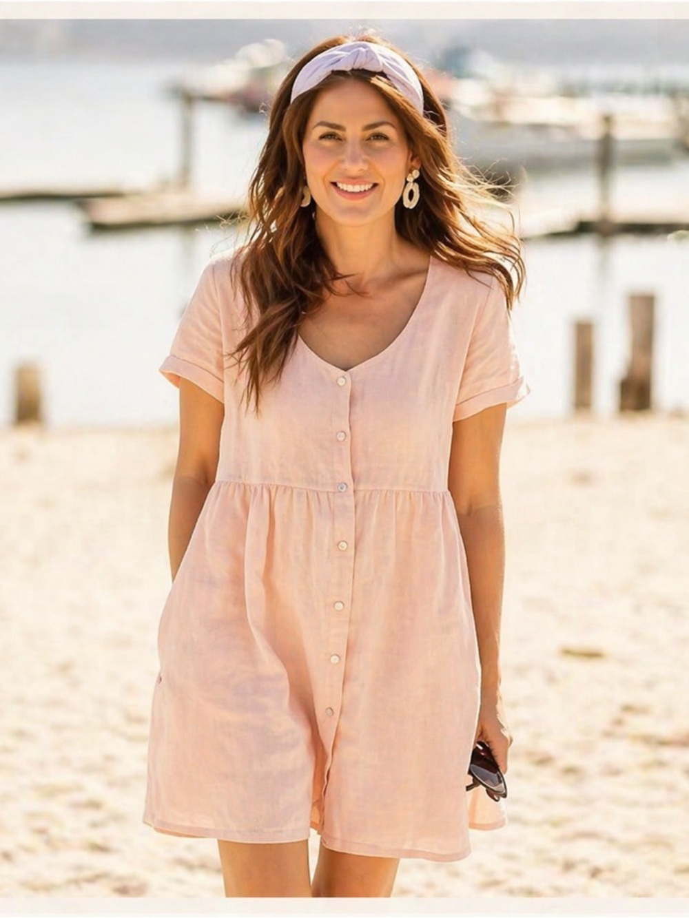 Jillian Harris x Priv Hamptons 100% Linen Blush Babydoll Dress L - Picture 10 of 10